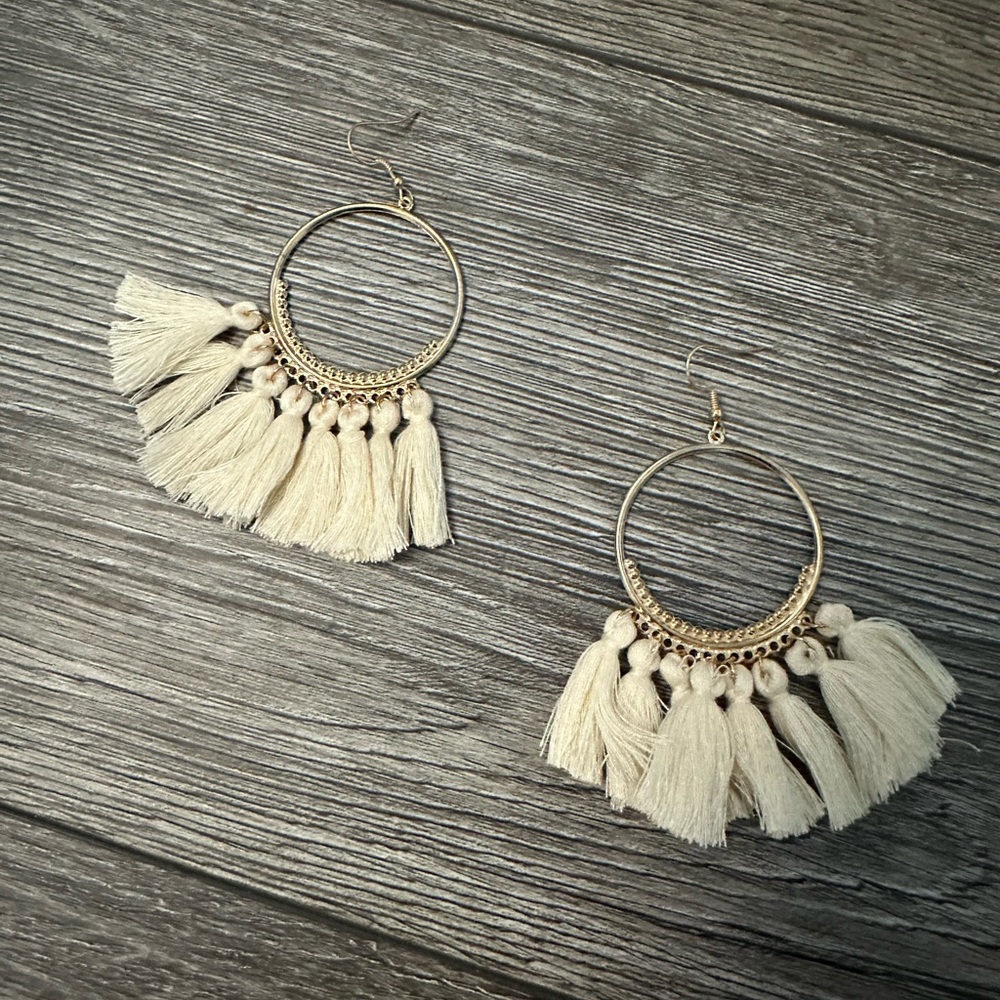 Gold hoop tassel fringe earrings
